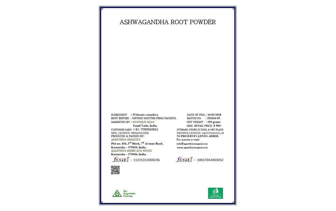 Mystique Hills Organic Ashwagandha Root Powder   Box  250 grams